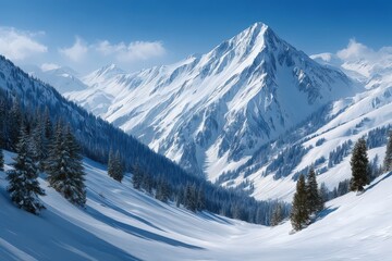 Fototapeta premium Majestic snow-capped mountains under a bright blue sky enveloping serene winter landscape embracing tranquility in the untouched beauty of nature and picturesque wilderness