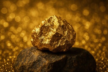 A lone golden nugget rests on a textured black surface, surrounded by a sea of sparkling gold particles