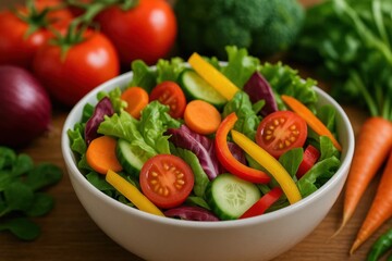 A vibrant salad brimming with fresh vegetables, including carrots, cucumbers, and tomatoes, sits on a rustic wooden table, inviting you to partake in the health benefits of nature's bounty