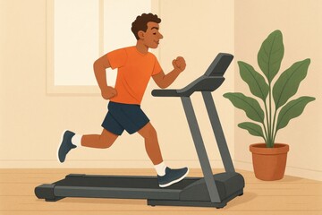 A man in an orange shirt and blue shorts runs on a treadmill in his home gym, surrounded by the calming presence of a potted plant