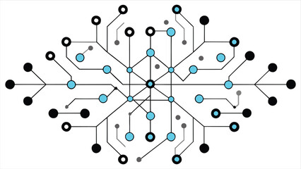 Abstract geometric network of interconnected lines and nodes in a symmetrical pattern with blue and black circular elements representing data flow and connections on a white background