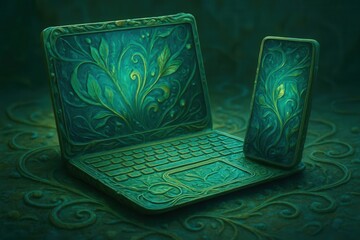 An intricately designed laptop with a matching smartphone resting on a dark, ornate surface, both adorned with green floral patterns