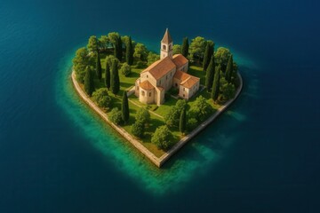 An idyllic island of serenity, where nature and architecture harmoniously blend into a heart-shaped haven on the tranquil waters