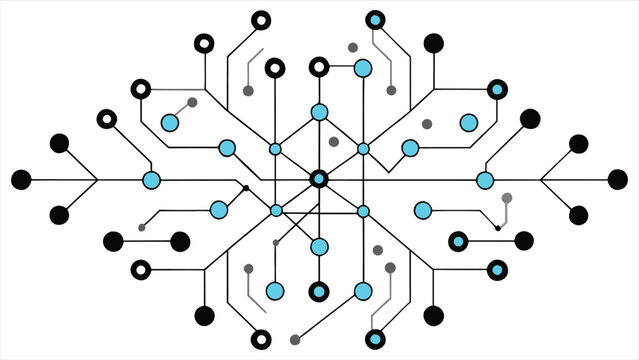 Abstract geometric network of interconnected lines and nodes in a symmetrical pattern with blue and black circular elements representing data flow and connections on a white background