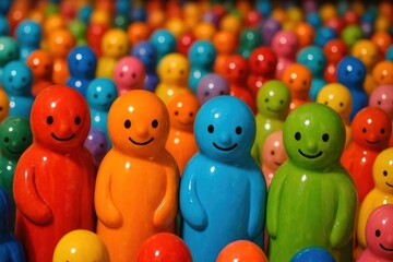 A vibrant array of cheerful figurines stands in a sea of color, each with its own unique expression, creating an atmosphere of joy and diversity
