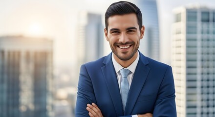 A smiling businessman in a blue suit with his arms crossed, standing in front of a city skyline.