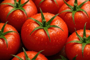 Freshly picked tomatoes with vibrant red skin and lush green leaves, glistening with water droplets, ready for a delicious meal