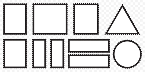 Retro Postage Stamp Frames – Black, White, and Colored Vector Set on Transparent Background. EPS 10.