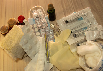 Medical supplies and items on the table