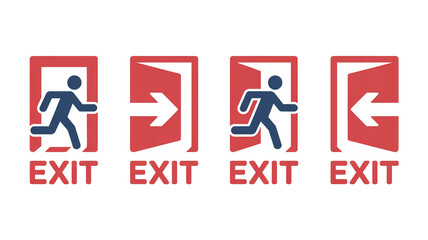 A set of four red and blue emergency exit signs arranged horizontally.Transparent background.  