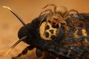 A spider scales up on a moth, showcasing the intricate details of their interaction