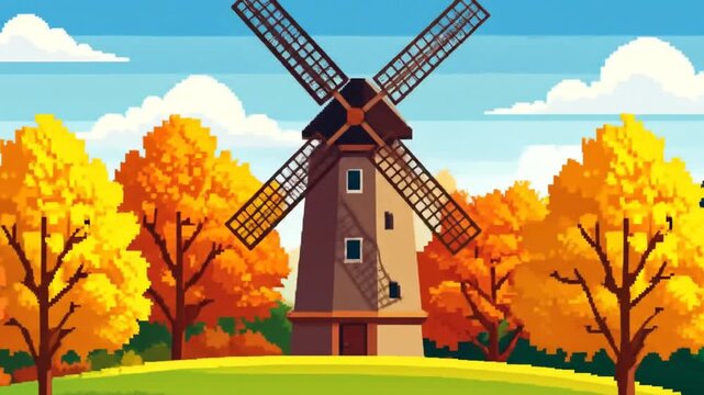 A pixelated autumn landscape features a windmill surrounded by trees in fall colors, a field, and a bright blue sky with clouds