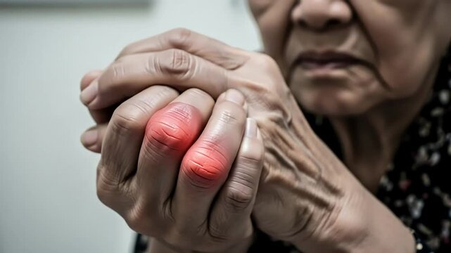 Close Up of Elderly Woman's Hands with Red Highlight on Inflamed Fingers Showing Joint Pain From Arthritis Onset