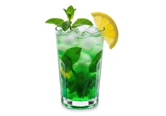 Fototapeta premium Tall glass of vibrant green mint cocktail with lemon slice and ice drink