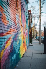 Fototapeta premium Vibrant street art adorns a city brick wall.