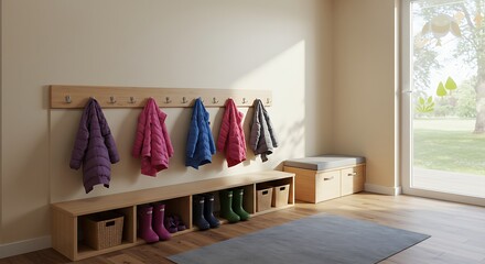 A tidy coat rack area inside a preschool with several colorful jackets hanging, rain boots lined up on the floor,