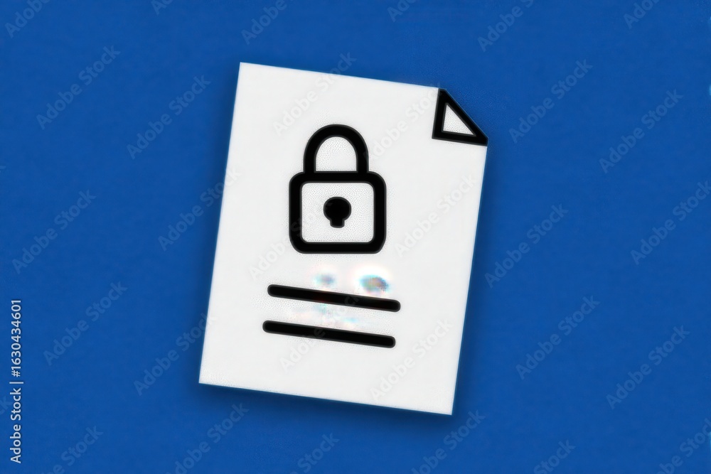 Poster digital document secured by padlock emphasizing privacy, confidentiality, data protection in the era