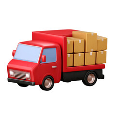 Colorful red delivery truck with boxes, white isolate background
