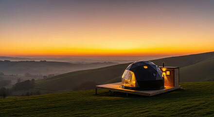 Scenic sunrise over a glamping dome house nestled on a hilltop offering a tranquil escape into nature