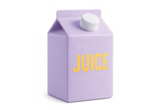 Purple juice carton, white cap, studio-lit against transparent backdrop, highlighting packaging design for beverage industry