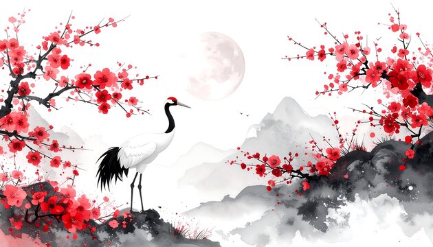 Serene watercolor painting of a crane amidst blossoming trees and misty mountains under a full moon - Powered by Adobe
