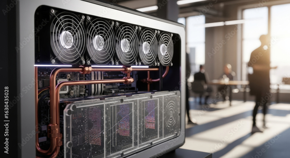 Poster high-performance computer showcasing its internal cooling system, with a glimpse of a modern office 