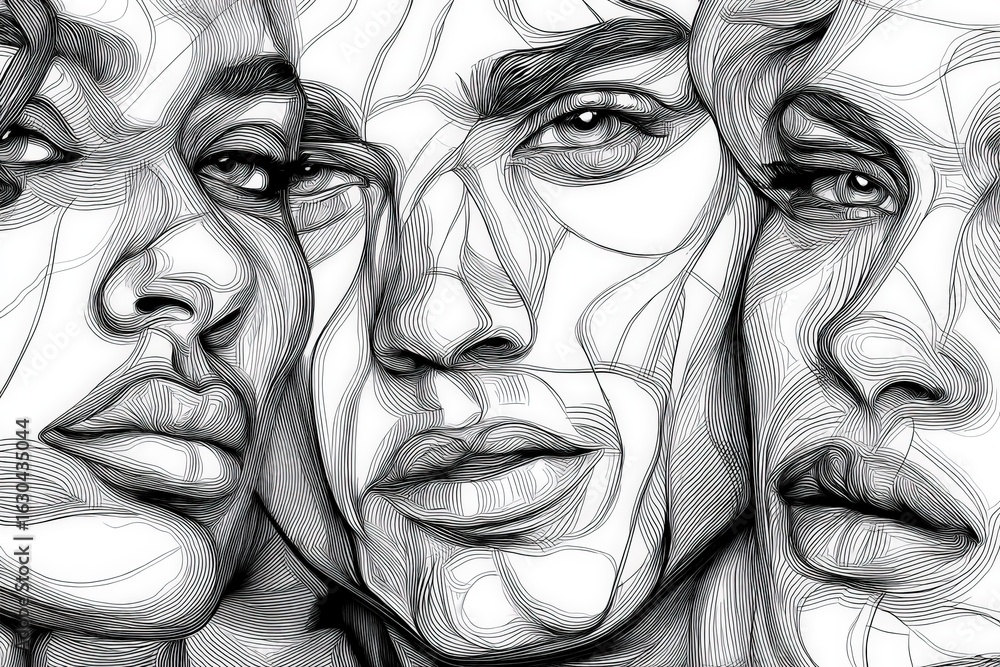 Poster intricate line art portrait depicting diversity in facial features revealing expressions of emotion 