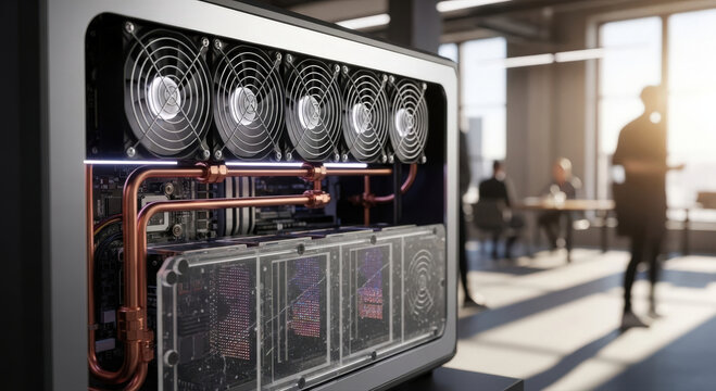 High-performance computer showcasing its internal cooling system, with a glimpse of a modern office background. The technology is on display, featuring intricate components.
