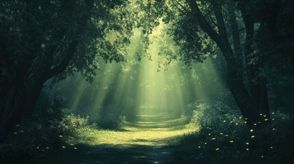Obraz premium Sunbeams illuminate a mystical forest path.