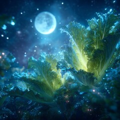 Fototapeta premium Surreal fantasy lettuce field illuminated by the moon, with leaves glowing in soft blue-green light.