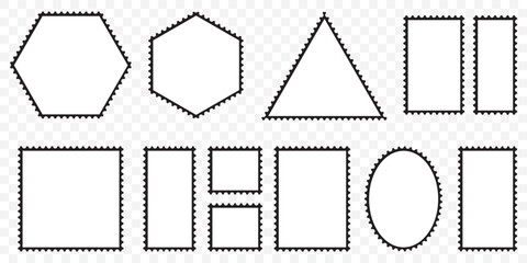 Retro Postage Stamp Frames – Black, White, and Colored Vector Set on Transparent Background. EPS 10.