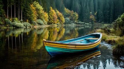 Fototapeta premium A vibrant blue and yellow boat rests peacefully on the calm waters, surrounded by colorful autumn foliage in a serene forest setting.