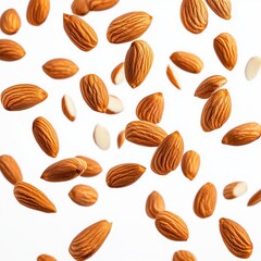 Scattered almonds on a white background, showcasing their natural texture and healthy properties for a nutritious snack