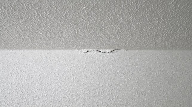 A textured white ceiling with a jagged crack where it meets the wall, suggesting structural damage, requiring repair.
