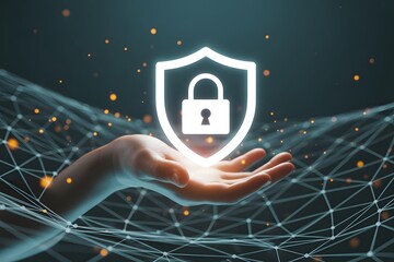 Security in Hand: A glowing shield and lock symbol hovers delicately above an open hand amidst a network of connecting points, illustrating the concept of digital protection and safety. 