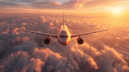An airplane soaring above fluffy clouds at sunset, creating a breathtaking view of vibrant orange and purple hues.