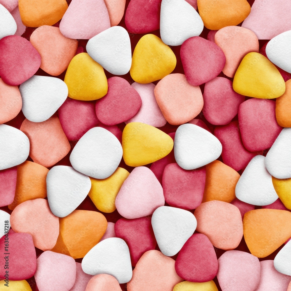 Poster a vibrant pattern of colorful, heart-shaped candies in various shades, creating a playful and cheerf