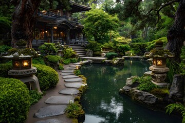 Fototapeta premium Serene Japanese Garden at Dusk Stone Path, Pond, House
