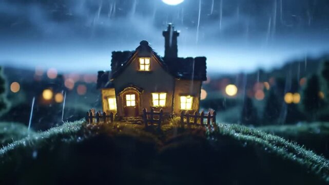 Miniature house with lights on sitting on a hill during a rainy night scene