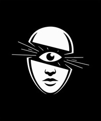 Minimalist Cat Face Illustration – White Line Art on Black Background with Whiskers for Pet-Themed and Modern Merchandise