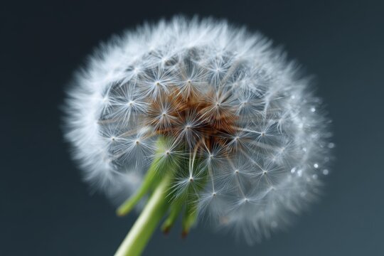 Close-up of a dandelion seed head with tiny filaments illuminated by sunlight