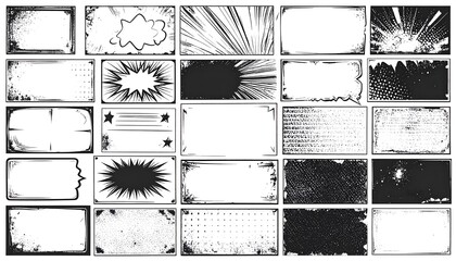 Collection of 24 monochrome rectangular frames with varied textures and comic-style elements