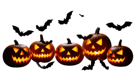 Five glowing jack o lanterns on halloween night isolated on transparent background