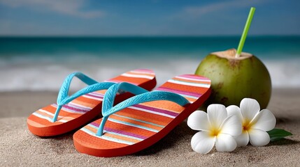 A pair of flip flops and a coconut on a beach. The flip flops are orange and blue striped