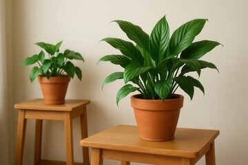 Obraz premium A serene indoor setting featuring two terracotta pots with lush green plants, placed on wooden stools against a soft-colored wall