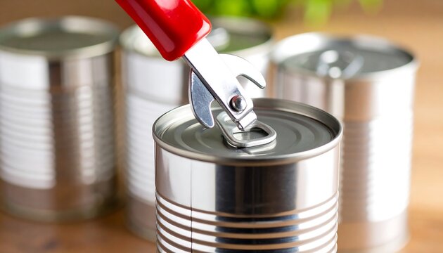 Opening a ring-pull can with a red handled opener amidst a collection of cans
