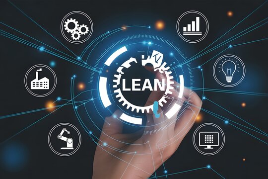 Lean Manufacturing Technology: A vibrant visual representing lean principles. A finger interacts with a virtual interface, surrounded by digital icons.