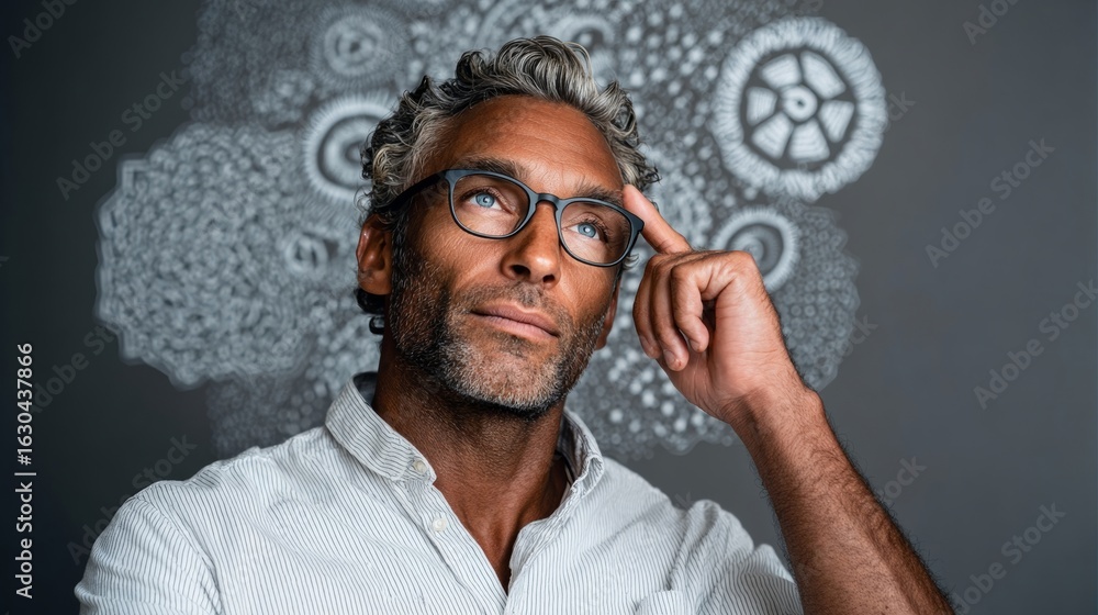 Poster a man with glasses is looking up at a wall with a drawing of a man's head. he is thinking about some