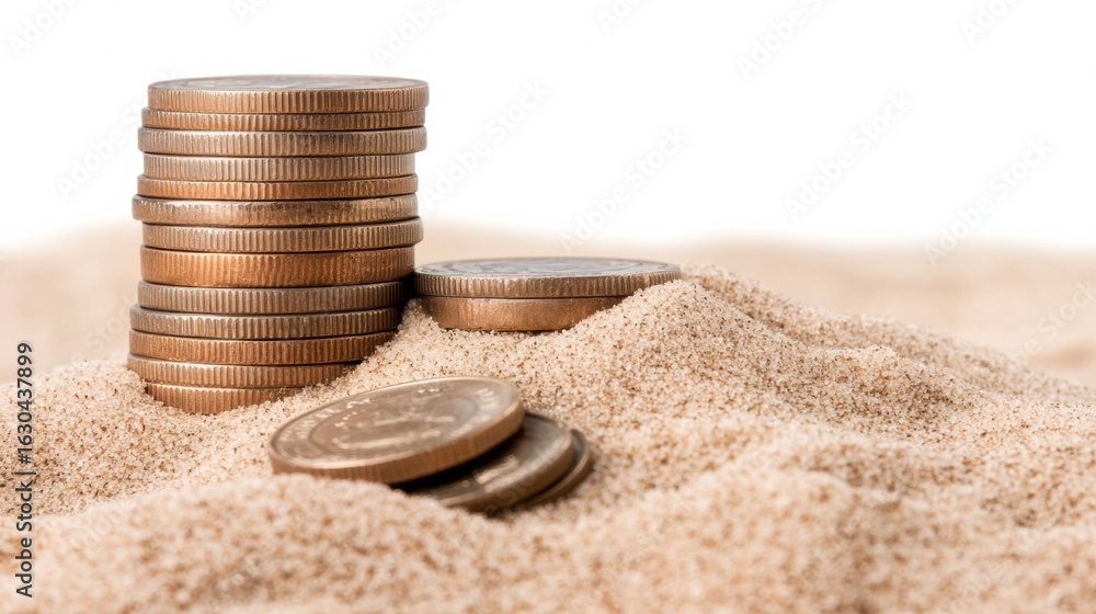 Poster stacks of coins partially buried in sandy terrain, symbolizing wealth and the concept of value in a 