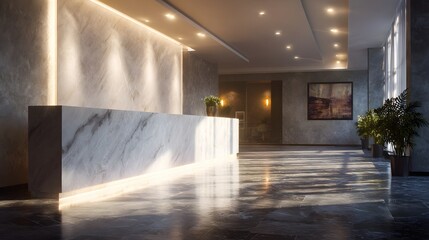 Luxurious hotel lobby with sleek reception desk and sophisticated lighting